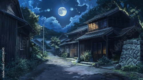 A quiet, deserted street with a large moon in the sky. Anime background. Anime wallpaper