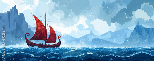 Ancient Viking longship sailing on stormy seas Vector flat minimalistic isolated illustration
