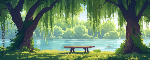 A peaceful riverside picnic spot shaded by weeping willow trees. Vector flat minimalistic isolated illustration.