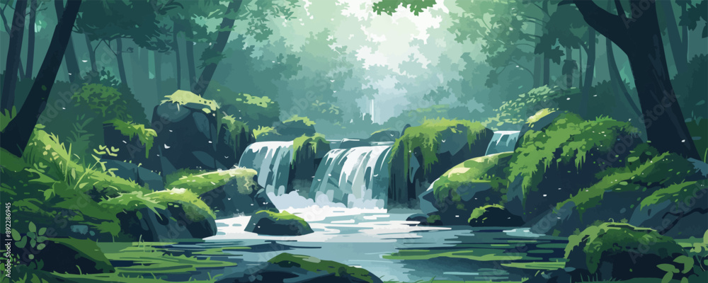 Fototapeta premium A tranquil woodland glen with a babbling brook and mossy rocks. Vector flat minimalistic isolated illustration.