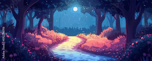 Moonlit forest path leading to a realm of enchantment. Vector flat minimalistic isolated illustration.