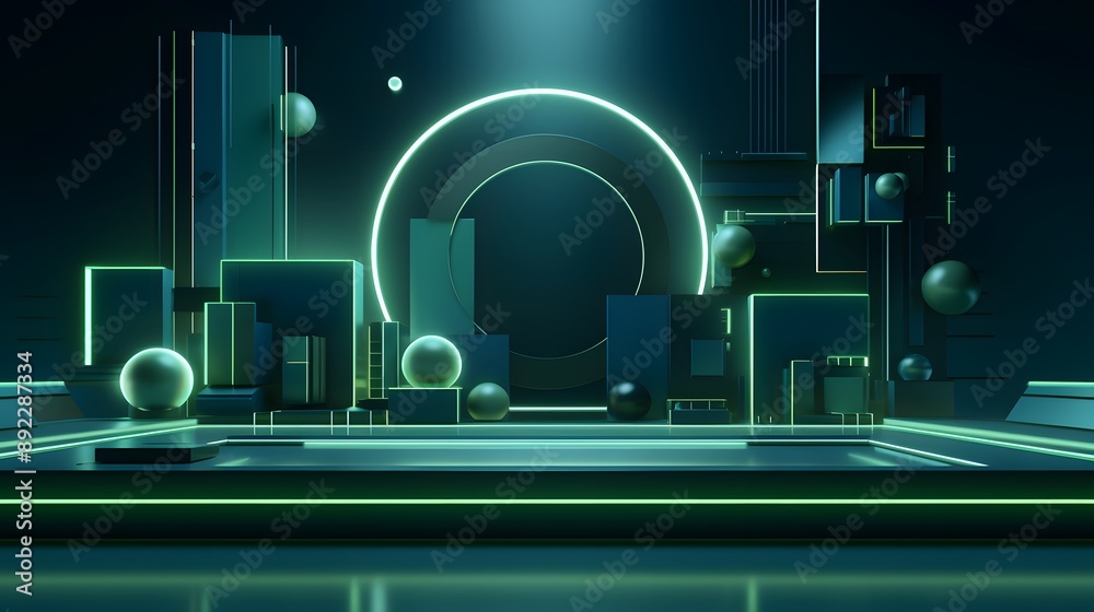 3d rendering of blue and green abstract geometric background. Scene for advertising, technology, showcase, banner, game, sport, cosmetic, business, metaverse. Sci-Fi Illustration. Product display 3d rendering of blue and green abstract geometric background. Scene for advertising, technology, showcase, banner, game, sport, cosmetic, business, metaverse. Sci-Fi Illustration. Product display