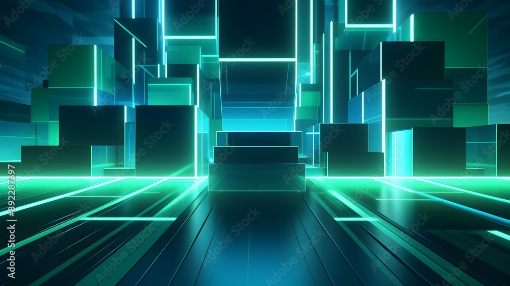 3d rendering of blue and green abstract geometric background. Scene for advertising, technology, showcase, banner, game, sport, cosmetic, business, metaverse. Sci-Fi Illustration. Product display 3d rendering of blue and green abstract geometric background. Scene for advertising, technology, showcase, banner, game, sport, cosmetic, business, metaverse. Sci-Fi Illustration. Product display