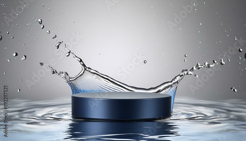 empty blue podium mockup with water splash on a gradient background for product display photo