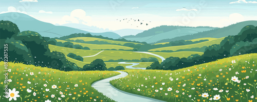 A serene countryside landscape with rolling hills and a winding river. Vector flat minimalistic isolated illustration.