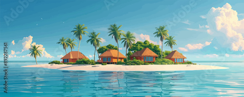 Tropical island resort with bungalows and palm trees Vector flat minimalistic isolated