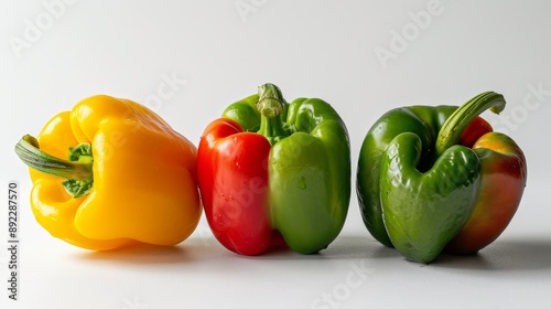 Close-up of a colorful assortment of bell peppers, including red, yellow, and green varieties, highlighting their freshness and versatility in cooking against a minimalist white backdrop