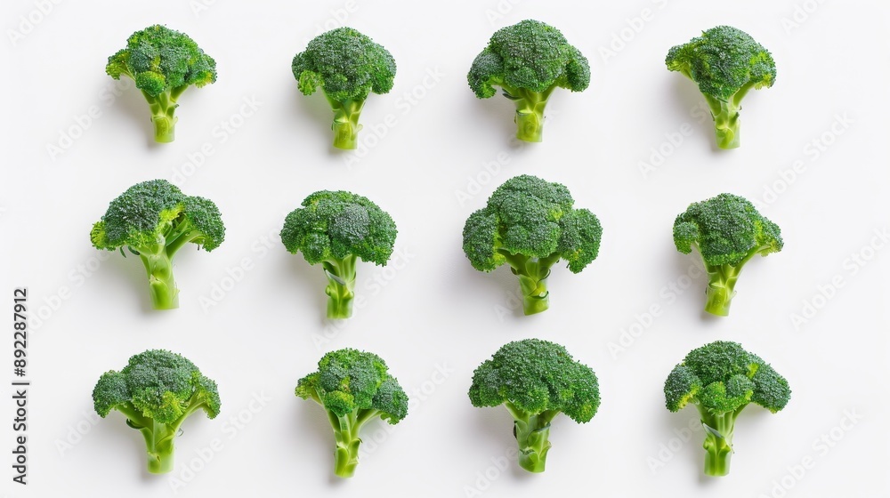 Group of green broccoli heads arranged in an appealing pattern to showcase their uniformity and nutritional benefits on a pristine white background Group of green broccoli heads arranged in an appealing pattern to showcase their uniformity and nutritional benefits on a pristine white background