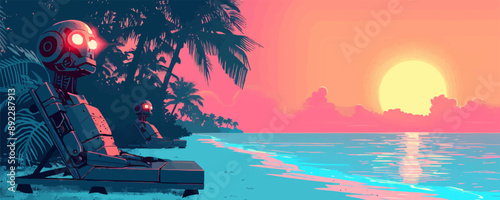 Tropical beach scene with palm trees and lounge chairs Futuristic cyborg with mechanical enhancements and glowing eyes Vector flat minimalistic isolated illustration