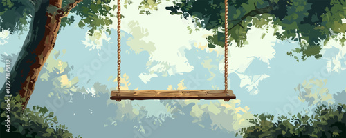 A rustic wooden swing hanging from a sturdy tree branch. Vector flat minimalistic isolated