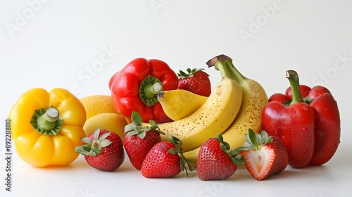 Group of ripe fruits and vegetables, such as strawberries, bananas, and bell peppers, presented against a plain white background for a clean and healthy look