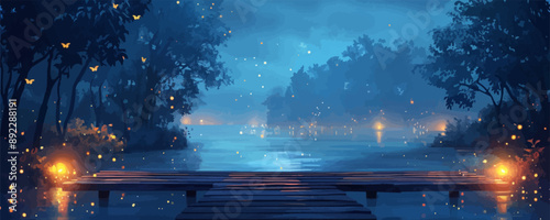 A mystical forest pond with a wooden pier and fireflies dancing in the air. Vector flat minimalistic isolated illustration.