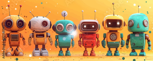 Robot toys on a white backdrop. Vector flat isolated illustration.