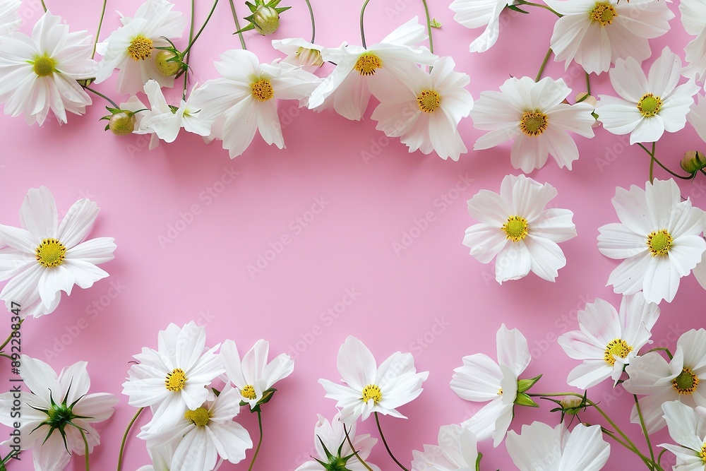 Elegant White Cosmos Flowers on Pink Background with Copy Space, High Definition Floral Frame for Design Concepts