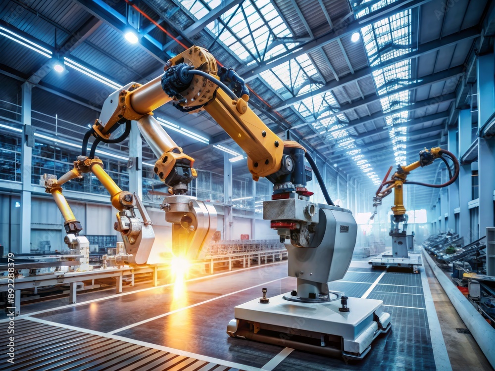 Sleek robotic arms and advanced machinery harmonize in a futuristic factory, embodying innovative manufacturing and precision engineering in a cutting-edge industrial landscape. Sleek robotic arms and advanced machinery harmonize in a futuristic factory, embodying innovative manufacturing and precision engineering in a cutting-edge industrial landscape.