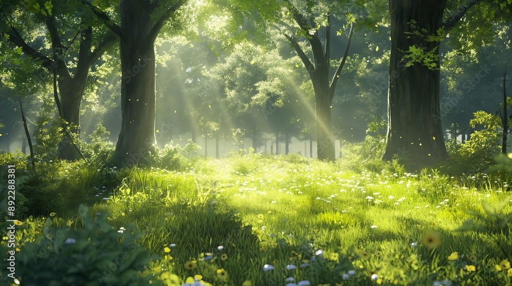 Obraz premium A forest with a path through it and a field of flowers. Anime background. Anime wallpaper