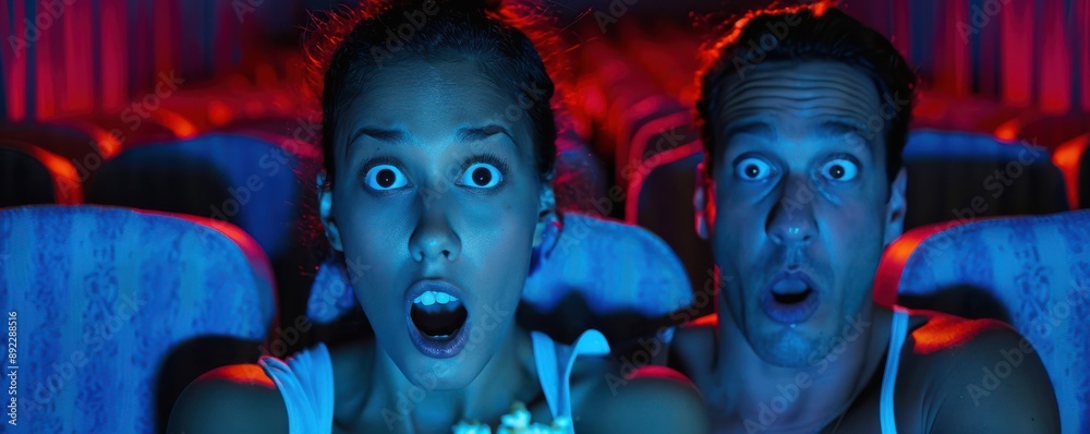 Obraz premium A couple with wide eyes and popcorn, reacting to a movie in a theater.