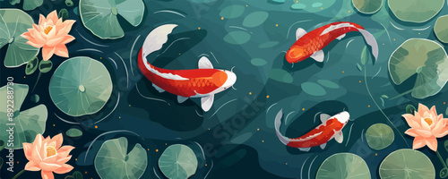 A tranquil garden pond with vibrant koi fish swimming beneath lily pads. Vector flat minimalistic isolated illustration.