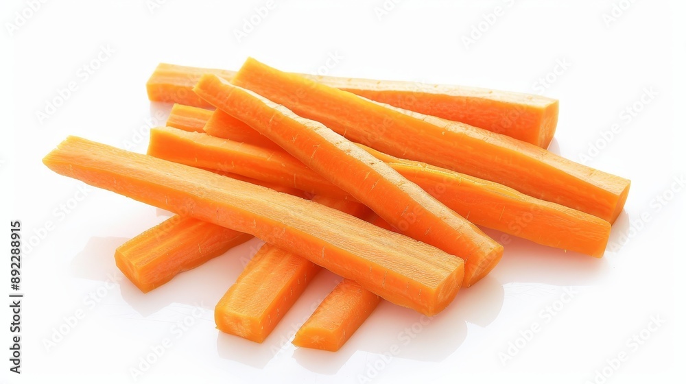 Fresh and healthy carrot sticks arranged for a snack, isolated on a clean white background, promoting nutritious eating habits and natural flavors Fresh and healthy carrot sticks arranged for a snack, isolated on a clean white background, promoting nutritious eating habits and natural flavors