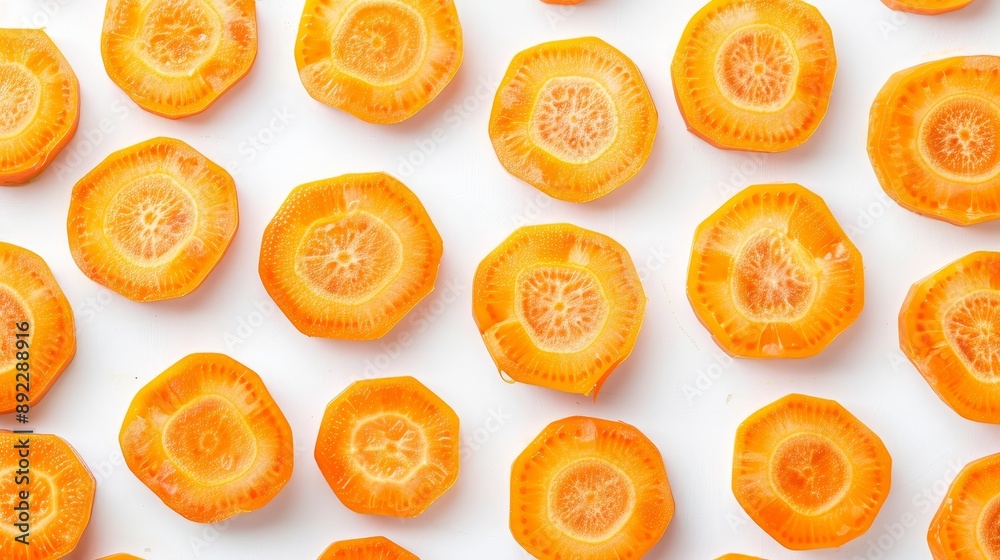 Fresh and healthy sliced carrots meticulously arranged and isolated on a clean white background, highlighting their vibrant orange color and nutritious appeal