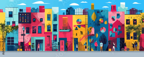 A colorful street art mural covering the side of a building. Vector flat minimalistic isolated illustration.