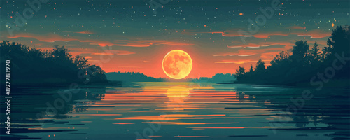 A huge moon over a tranquil lake with star reflections. Vector flat minimalistic isolated illustration.