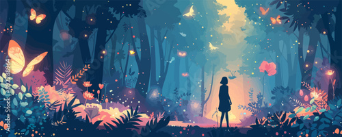 Enchanted forest scene with fairies and magical creatures Vector flat minimalistic isolated