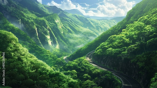 A mountain range with a winding road through the forest. Anime background. Anime wallpaper