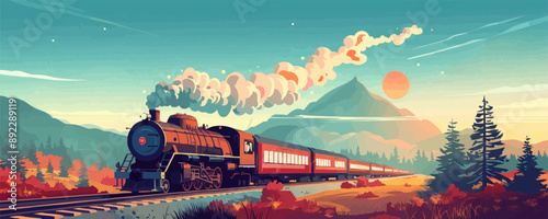 Vintage train chugging along railroad tracks. Vector flat minimalistic isolated illustration.