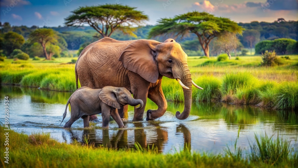 Fototapeta premium Serene mother elephant and calf stroll hand-in-trunk through a lush, vibrant meadow alongside a gentle water's edge, exuding tender love and peaceful coexistence.