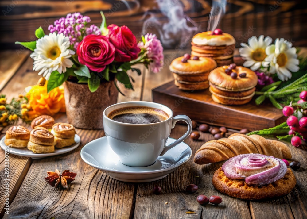 Cozy atmosphere of a trendy cafe on International Coffee Day, with steaming cups, delicious pastries, and vibrant flowers on a rustic wooden table setting. Cozy atmosphere of a trendy cafe on International Coffee Day, with steaming cups, delicious pastries, and vibrant flowers on a rustic wooden table setting.