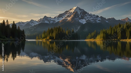 Majestic Mountain Sunrise: Snow-Capped Peaks and Serene Lake Photography