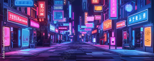Cyberpunk street with neon signs and holographic ads Vector flat minimalistic isolated illustration