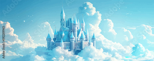 A whimsical castle in the clouds with spires reaching toward the sky. Vector flat minimalistic isolated illustration.