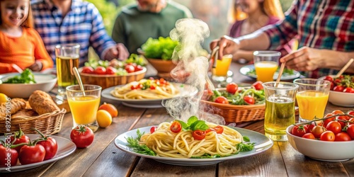 Vibrant table setting with steaming spaghetti, fresh vegetables, and glasses of juice, conveying warmth and togetherness of a joyful family dinner gathering. photo