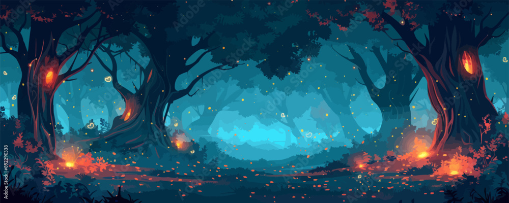 Obraz premium A mystical forest grove with ancient trees and glowing fireflies. Vector flat minimalistic isolated
