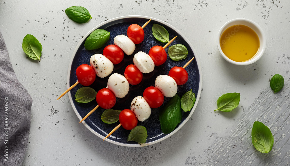 Caprese salad skewers with fresh mozzarella, cherry tomatoes, and basil on a plate with seasoning Caprese salad skewers with fresh mozzarella, cherry tomatoes, and basil on a plate with seasoning