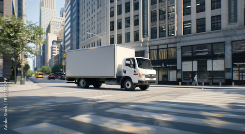 Empty blank white mockup on the small truck vehicle driving through the city street, template for advertisement. Commercial business transport delivery cargo, side view