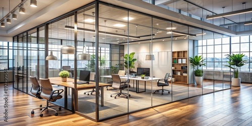 Modern office interior with blurred background, sleek glass partition wall, and trendy furniture, conveying a sense of professionalism and corporate atmosphere.
