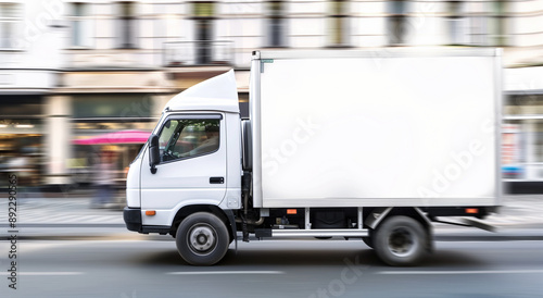 Empty blank white mockup on the small truck vehicle driving through the city street, template for advertisement. Commercial business transport delivery cargo, side view