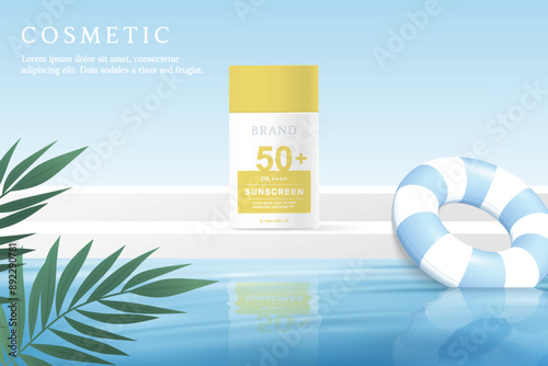 Sunscreen product ads template on water background with  leaves and swimming ring.