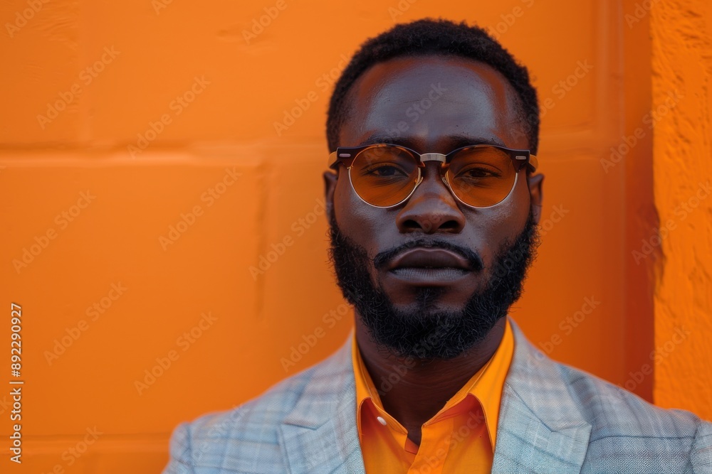 Fototapeta premium Stylish black man in orange shirt and glasses against orange background