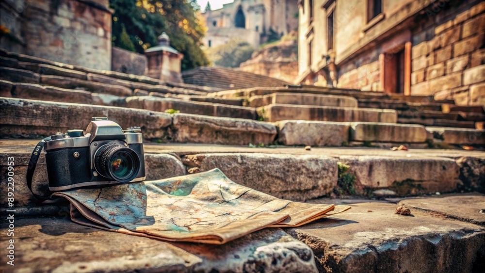 Urban landscape with abandoned camera and crumpled map on ancient stone steps, faint cityscape in the background, conveying sense of adventure and exploration.