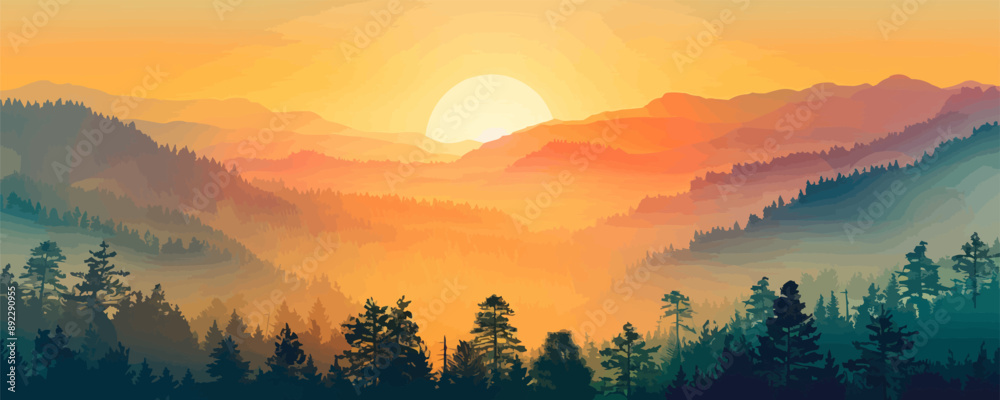 Fototapeta premium A radiant sunrise over a misty valley with trees silhouetted against the sky. Vector flat minimalistic isolated illustration.