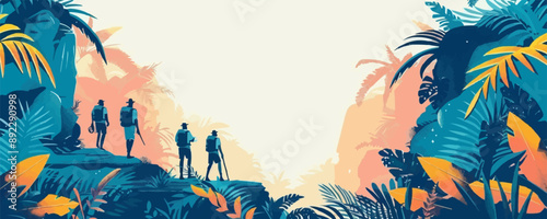 Tropical jungle expedition with explorers and wildlife Vector flat minimalistic isolated illustration