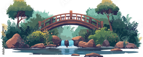 Rustic wooden bridge over a babbling brook. Vector flat minimalistic isolated illustration.