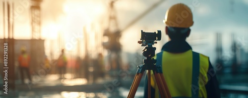 Construction worker using a surveying instrument on a building site.