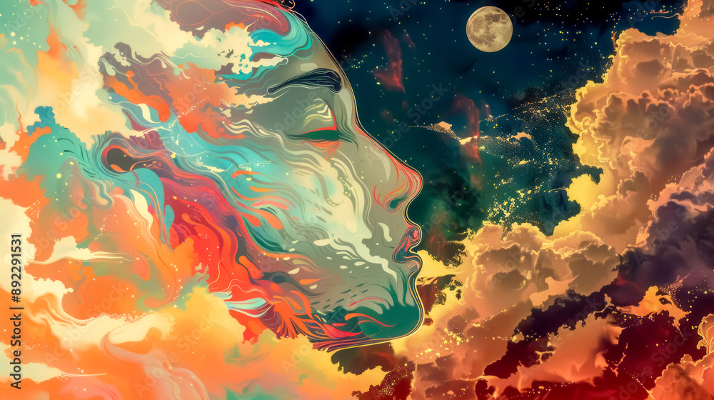 Naklejka premium Woman face merging with colorful sky and clouds