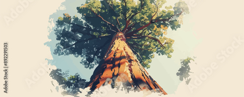 A towering redwood tree, its branches reaching towards the heavens, symbolizing strength and resilience, resting on a clean white surface. Vector flat minimalistic isolated illustration.