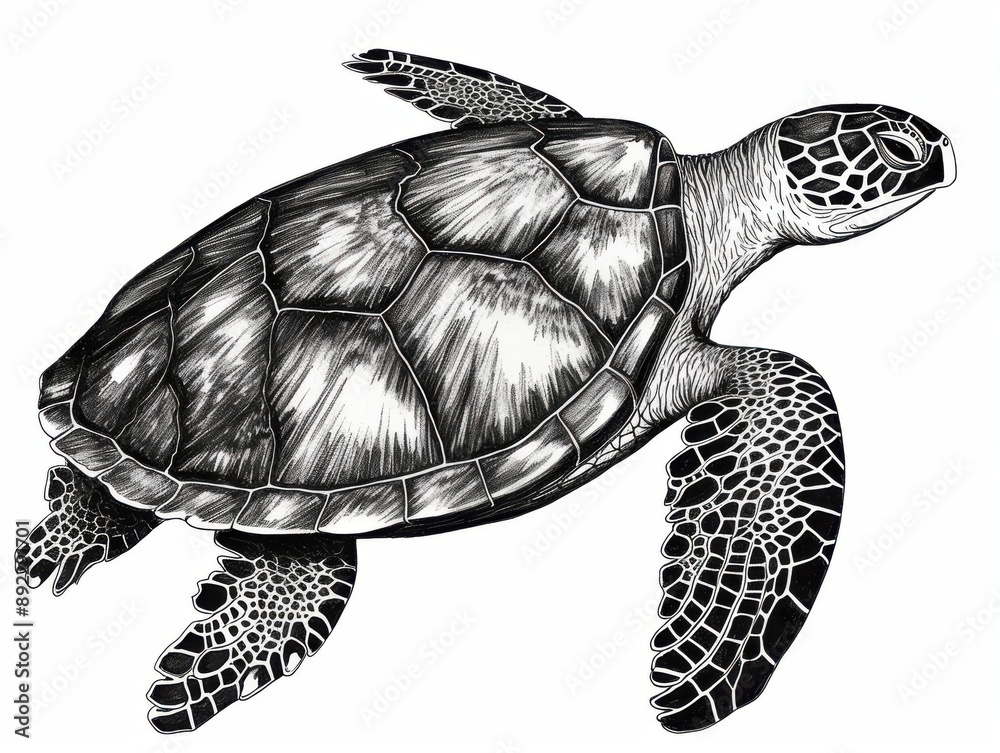 Black and white Vintage engraved art of a sea turtle isolated on white ...